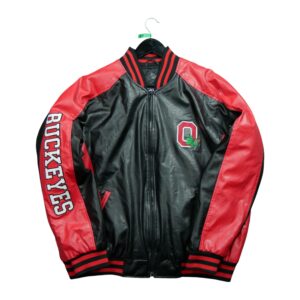 Veste en cuir homme manches longues noir Vintage Motif brode Col Rond Equipe Ohio State QWE0111